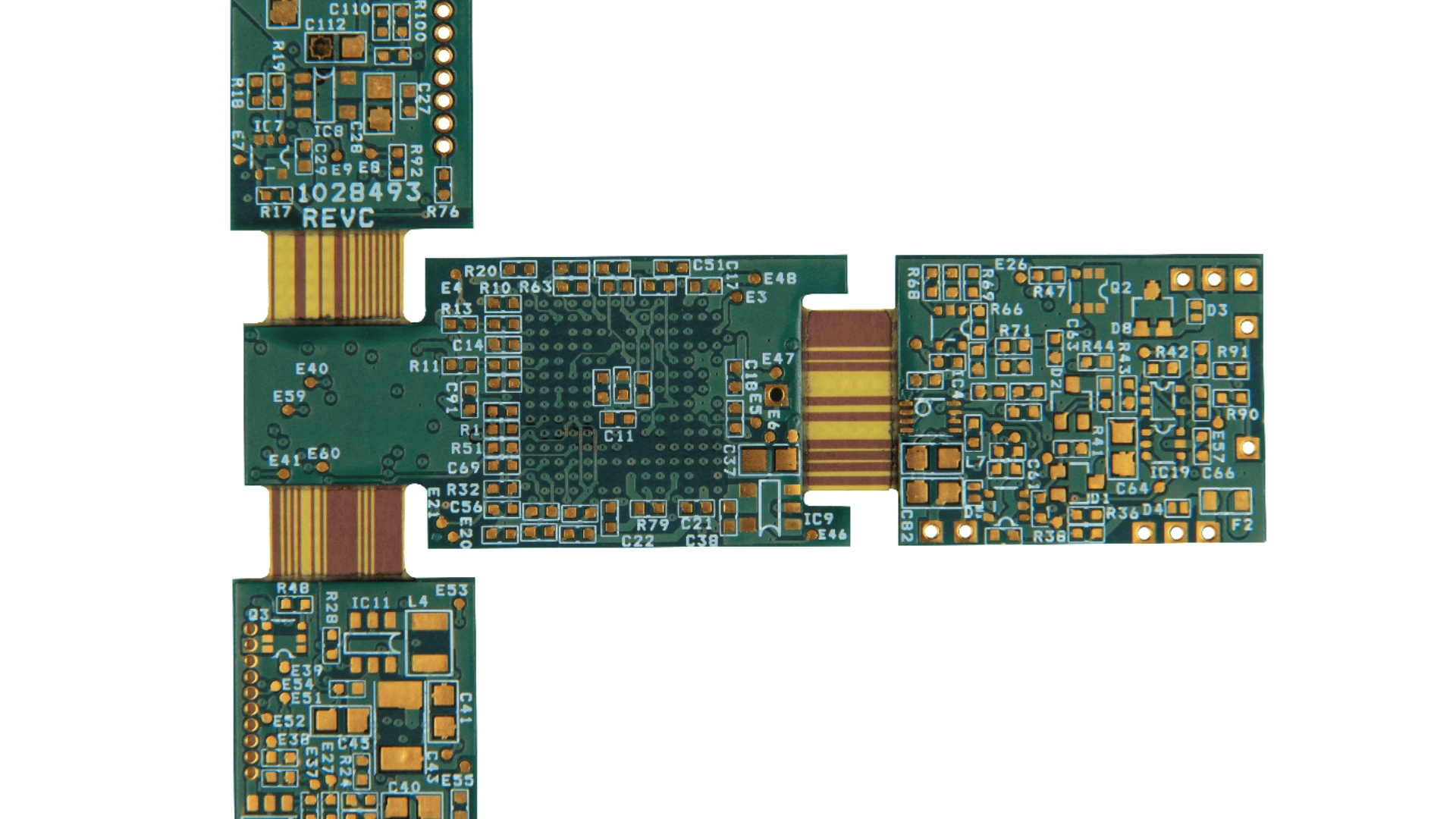 Four interconnected green circuit boards with gold connectors and multiple small orange components, arranged in a cross shape on a white background.