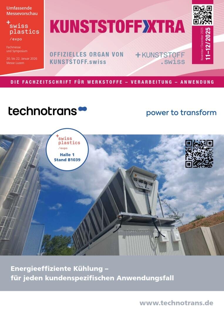 Cover picture of the KUNSTSTOFFXTRA magazine: Building of an industrial cooling system with the technotrans logo, swiss plastics expo info and the headline "Energy-efficient cooling - for every customer-specific application".