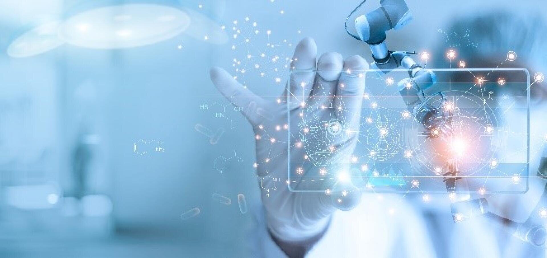 A person wearing gloves interacts with a virtual digital interface featuring scientific and technological icons, with a robotic arm and bright light effects, symbolizing advanced technology and innovation.