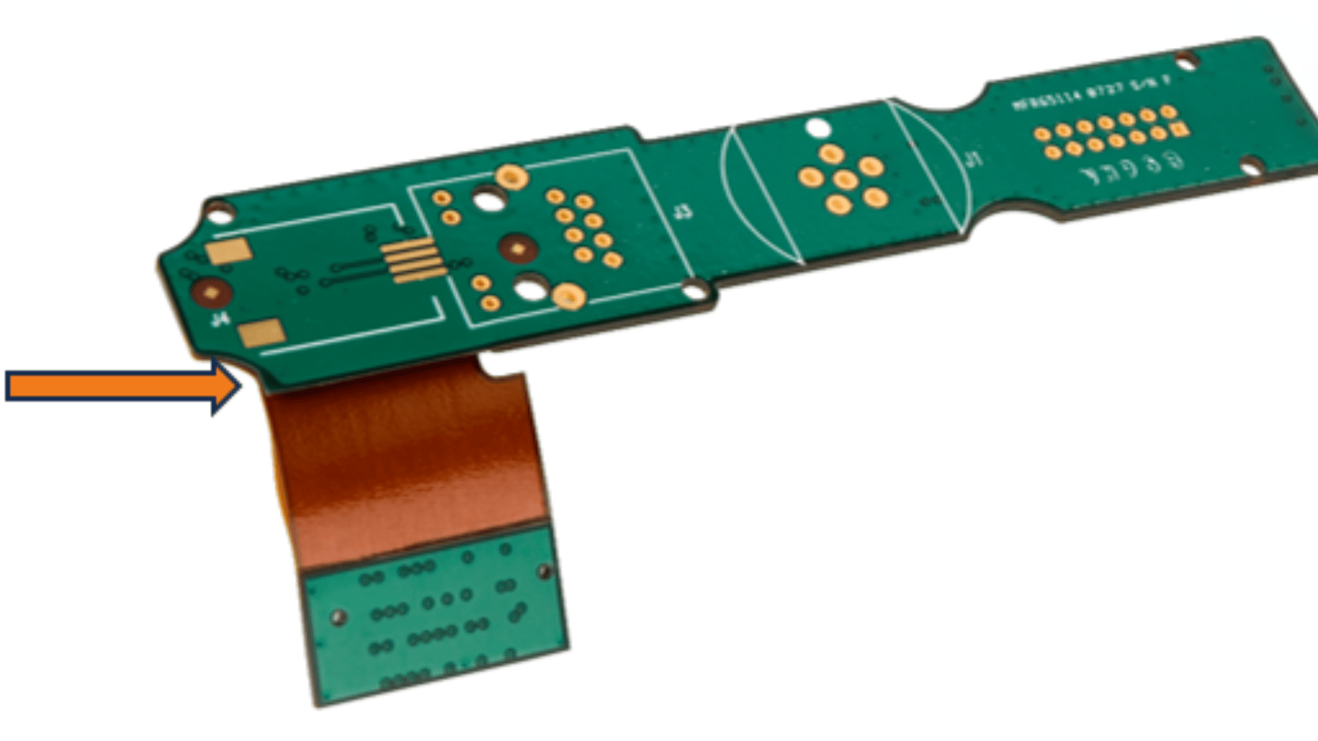 A green printed circuit board with gold connectors and an orange flex cable extending from one end, highlighted by an orange arrow pointing to the flex cable.