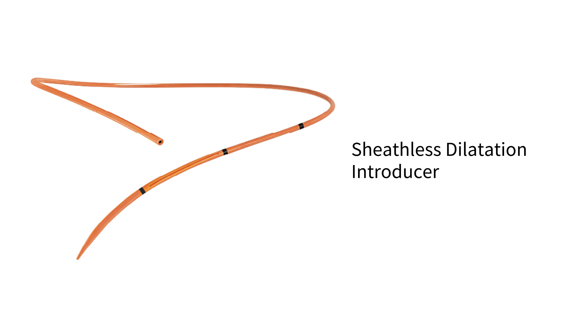 Eine orangefarbene schaftlose Dilatationseinführung mit schwarzen Markierungen ist auf weißem Hintergrund neben dem Text Schaftlose Dilatationseinführung abgebildet.