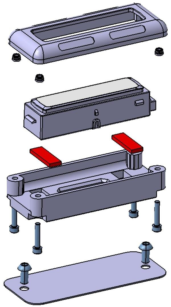 Exploded view of a rectangular electronic device with the individual layers: top cover, internal component, two red connectors, main housing, screws and bottom cover, all aligned for assembly.