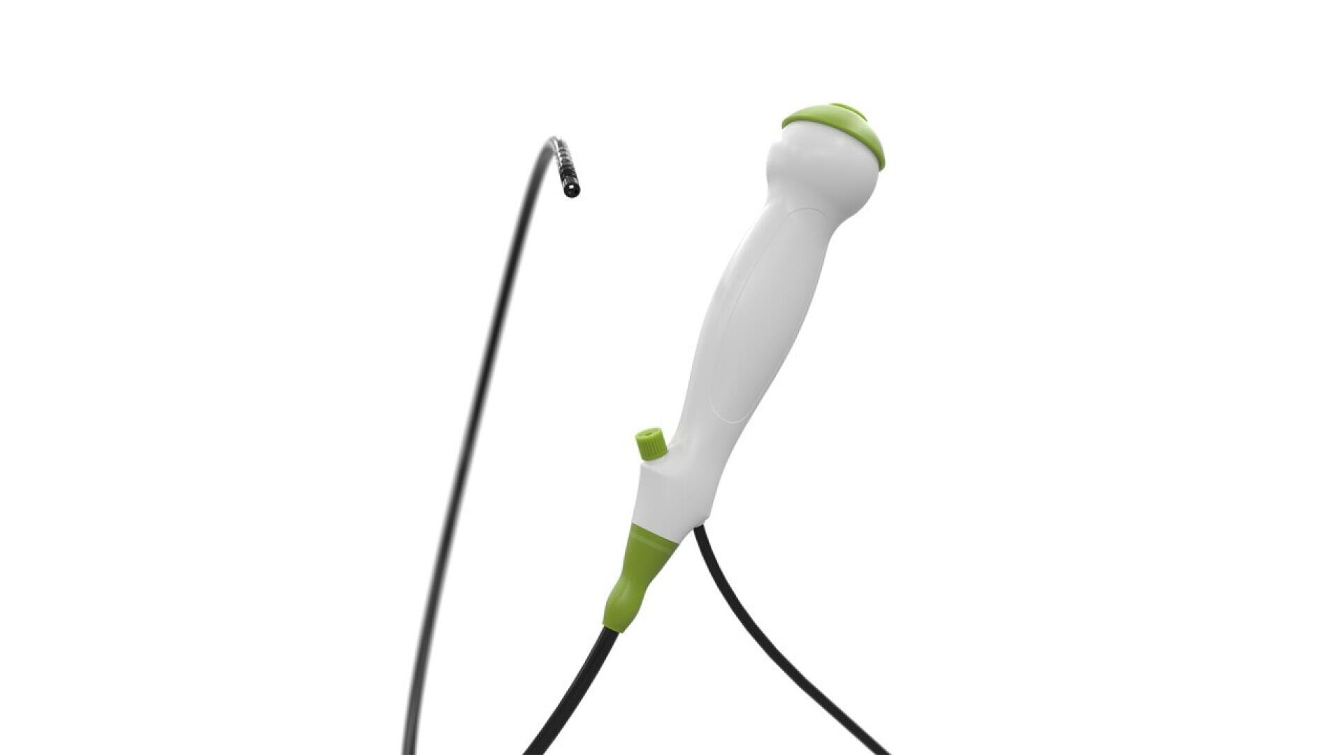 A white and green handheld endoscope with a flexible, black tube extending from it, isolated on a white background.