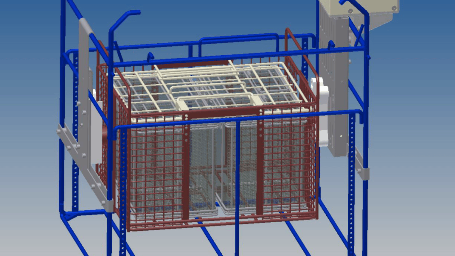 3D-Darstellung einer blauen Metallrahmenstruktur mit einem roten Gitterkäfig in der Mitte, der weiße Metallgitterkomponenten enthält. Die Struktur verfügt über Griffe und scheint eine industrielle oder mechanische Baugruppe zu sein.