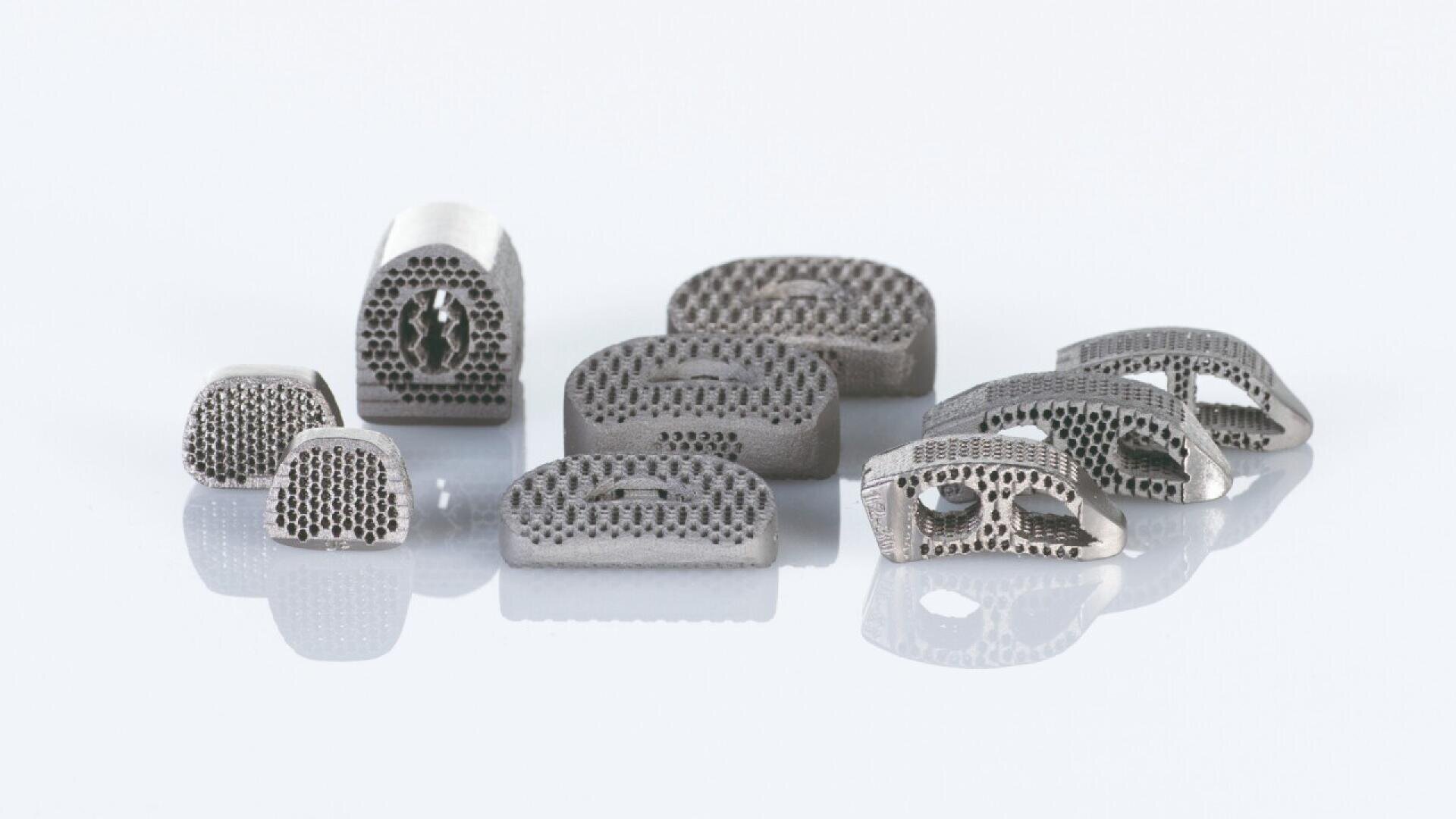 A group of metallic, grid-patterned spinal implants of various shapes and sizes arranged on a reflective white surface.