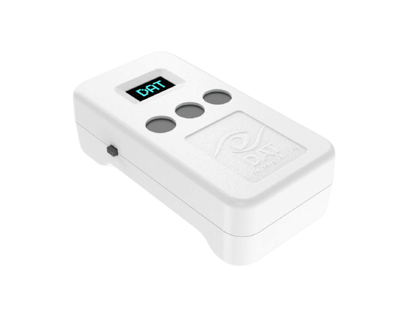 A small, rectangular, white electronic device with three round buttons, a small screen labeled "DAT" and the DAT logo embossed on the surface. The device is placed on a plain white background.