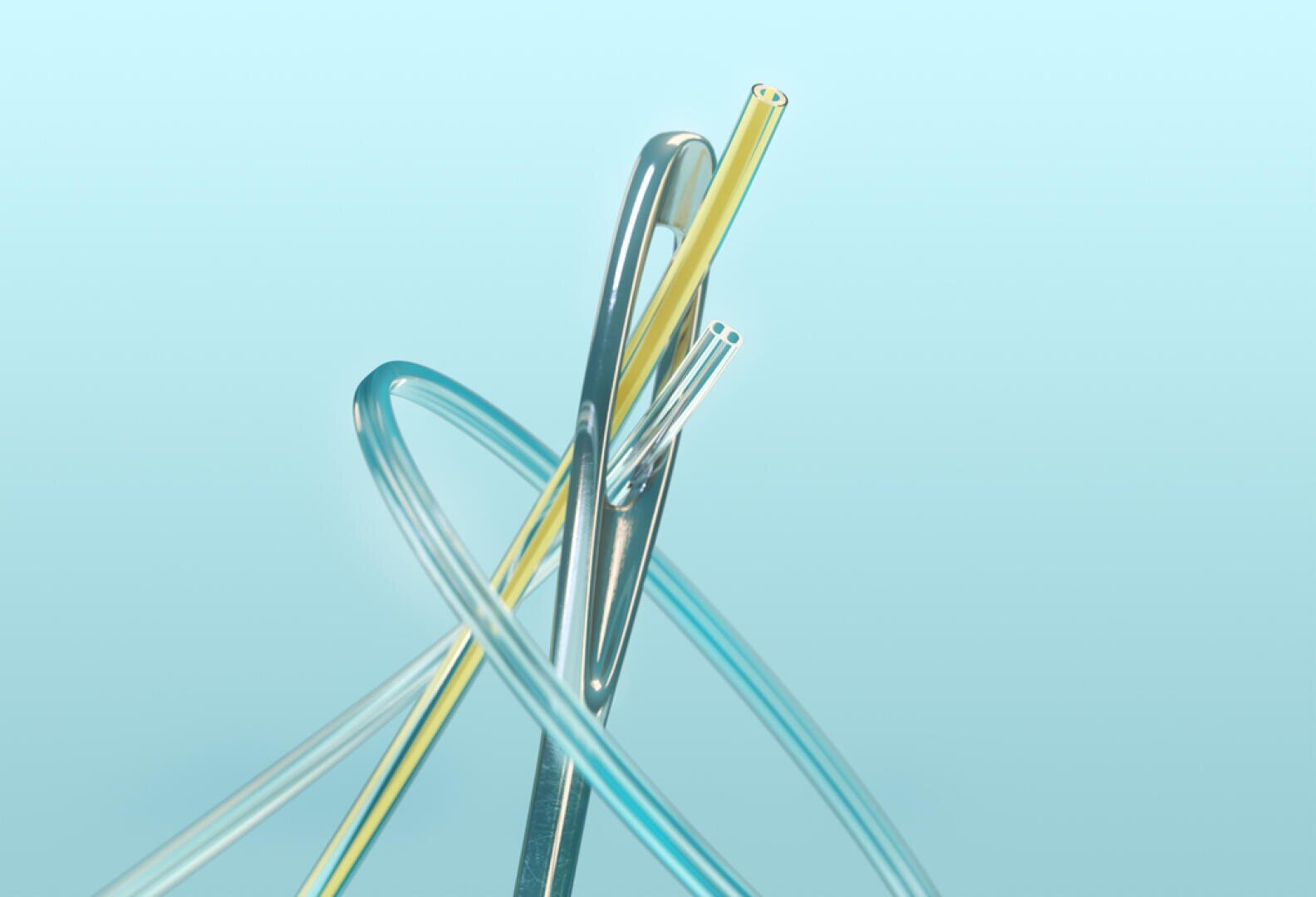A group of translucent, metallic and yellow tubes intertwine and arch upwards against a monochrome light blue background, creating an abstract, minimalist composition.