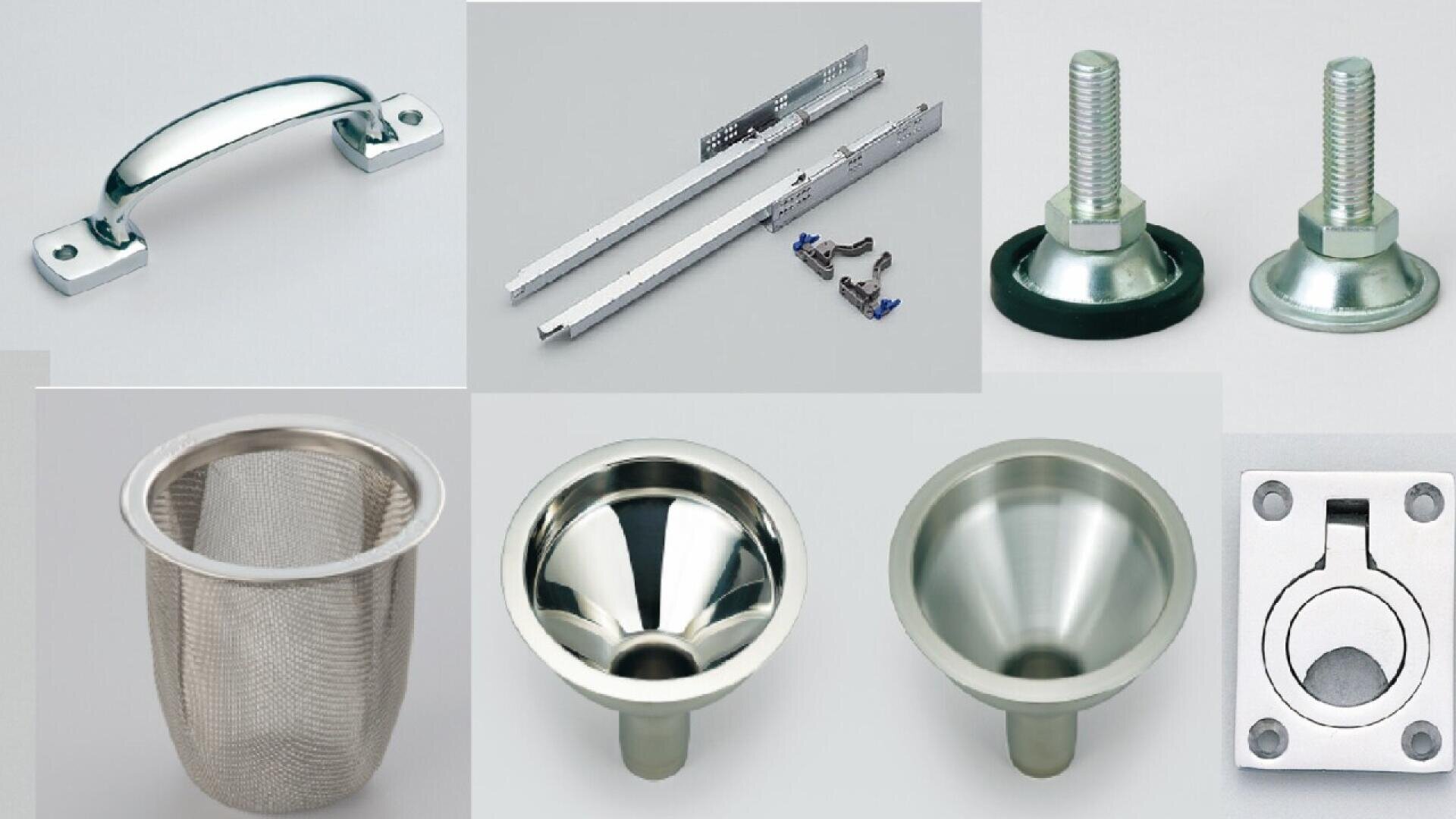A collage of metal hardware including a handle, drawer slides, two threaded bolts with rubber bases, a mesh cup, two funnel-shaped cups, and a square mounting plate with a circular slot.