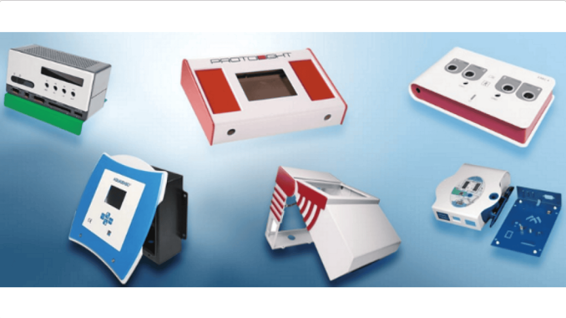 Six different electronic device enclosures in various shapes and colors, displayed on a blue gradient background. Each enclosure appears to have screens, slots, or buttons, suggesting use in prototyping or electronics projects.
