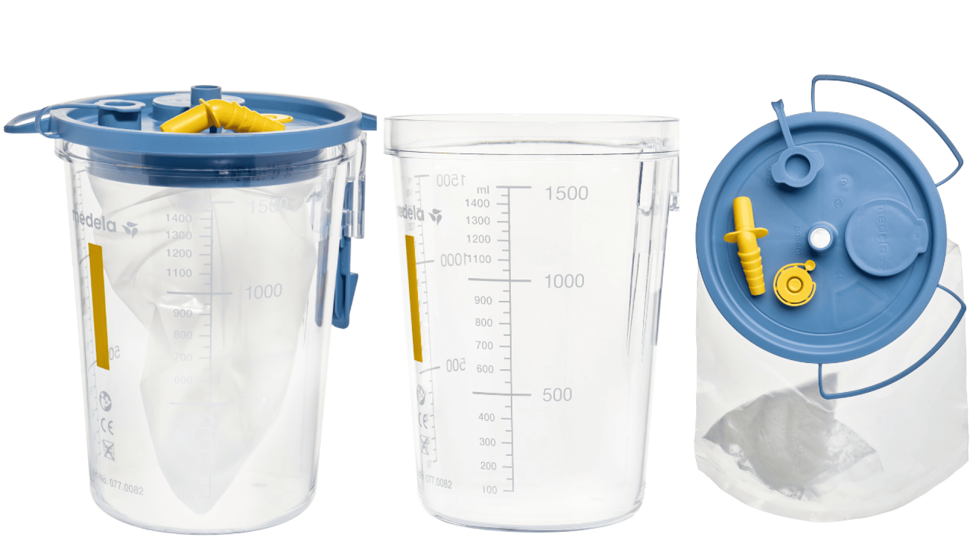 Drei transparente medizinische Behälter mit blauen Deckeln, gelben Ventilen und Messmarkierungen bis zu 1500 ml; dargestellt aus schräger, seitlicher und oberer Perspektive, einer mit teilweise sichtbarer Innenauskleidung.