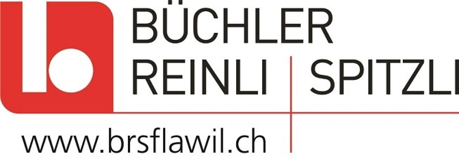 Rot-weisses Büchler Reinli Spitzli-Logo mit stilisiertem brs-Symbol auf der linken Seite und der Website www.brsflawil.ch unter dem Firmennamen auf der rechten Seite.