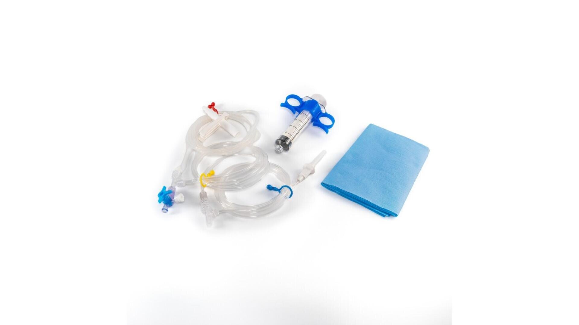 Medical supplies including clear tubing with connectors, a syringe with blue handles, and a folded blue sterile cloth, all arranged on a white background.