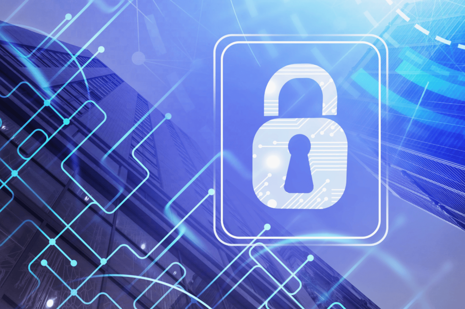 A digital illustration of a padlock icon overlaid on a blue cityscape, with circuit-like lines and patterns representing cybersecurity and data protection.
