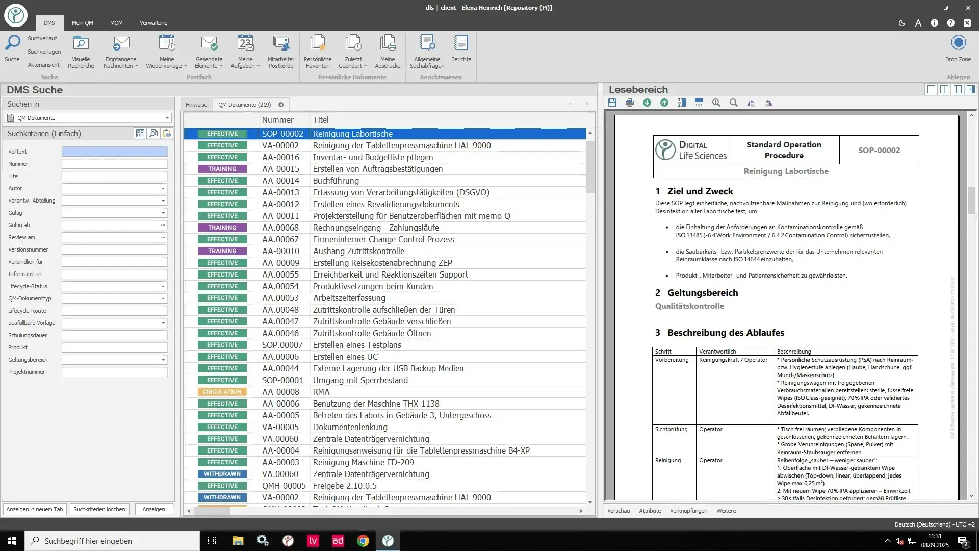 Screenshot of a document management software displaying a list of documents on the left, each with colored status labels, and a preview of a document in German on the right. The software interface shows various toolbar icons at the top.
