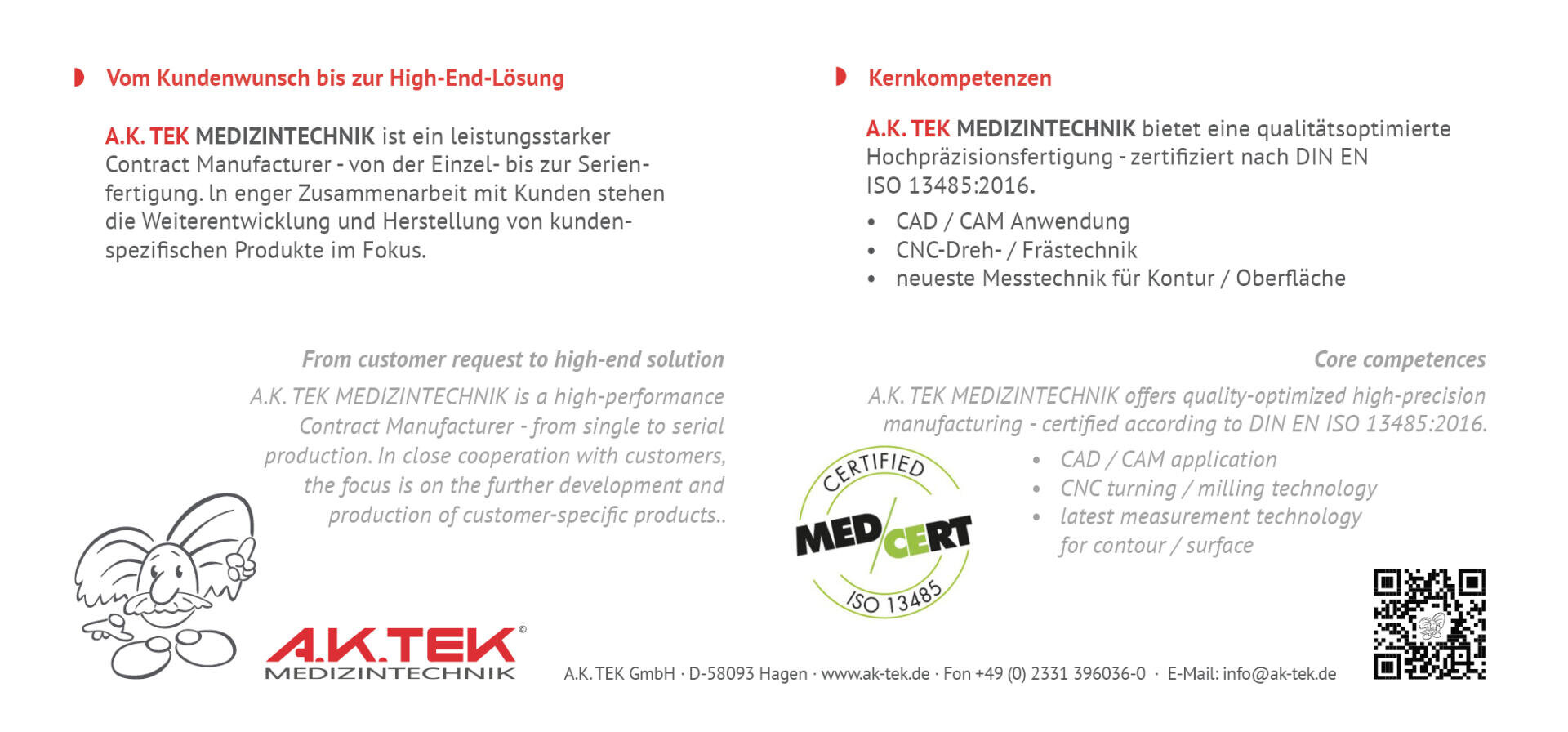 Flyer für A.K.TEK Medizintechnik mit Unternehmensdetails, Zertifizierungen und Kernkompetenzen in der Herstellung medizinischer Geräte, mit einem Cartoon-Maskottchen und einem QR-Code auf weißem Hintergrund mit roten Akzenten.