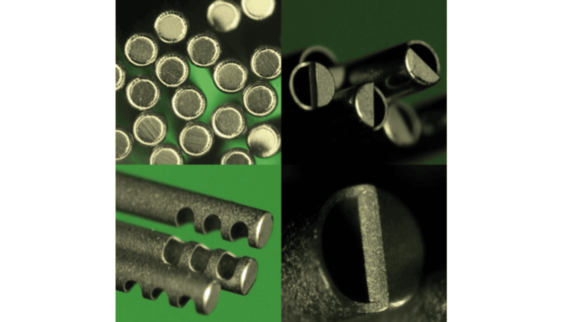 Close-up collage showing different textures and shapes of metal objects, including circular ends, grooved rods, and a slotted screw head, all set against a green background.