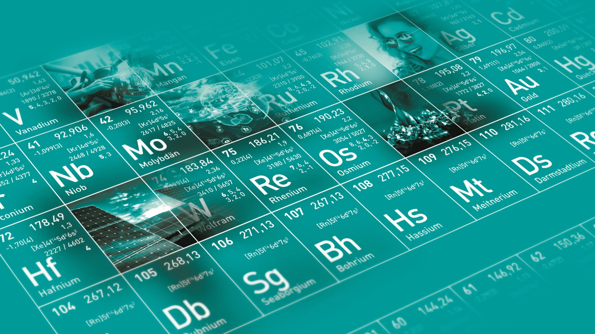 Ein stilisiertes Periodensystem der Elemente mit blaugrüner Überlagerung, das chemische Symbole und Ordnungszahlen anzeigt. Einige Elementquadrate zeigen wissenschaftliche Bilder, beispielsweise Laborszenen, Moleküle und wissenschaftliche Forschungsgrafiken.