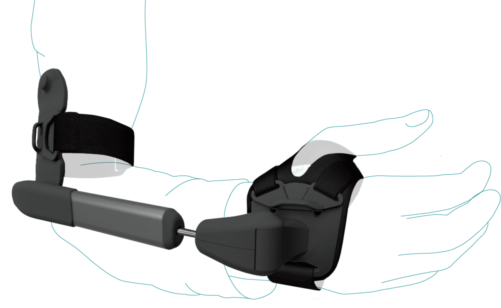 Ein schwarzes und graues Gerät mit Riemen wird um Unterarm und Hand einer Person befestigt, wobei die Hände der Person in einem einfachen, hellblauen Umriss dargestellt werden.