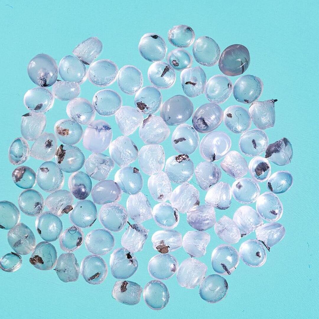 Small, round, translucent gel beads scattered on a bright turquoise background, with some beads containing tiny black specks inside.