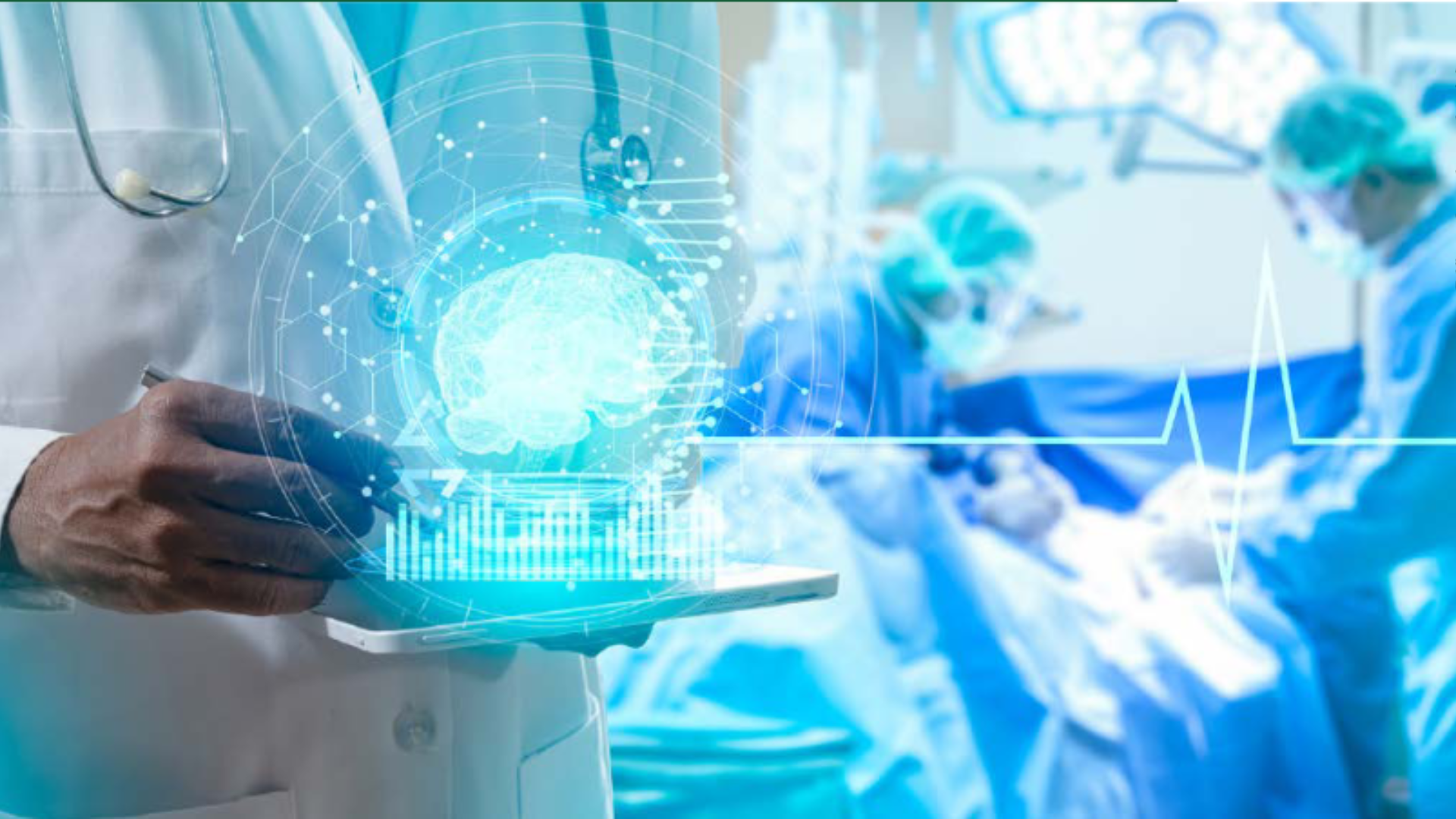 Ein Arzt hält ein Tablet mit einem digitalen Gehirnhologramm in der Hand, während im Hintergrund ein Chirurgenteam operiert. Eine Herzschlag-Liniengrafik verläuft über das Bild und verdeutlicht die Integration von Technologie in das Gesundheitswesen.