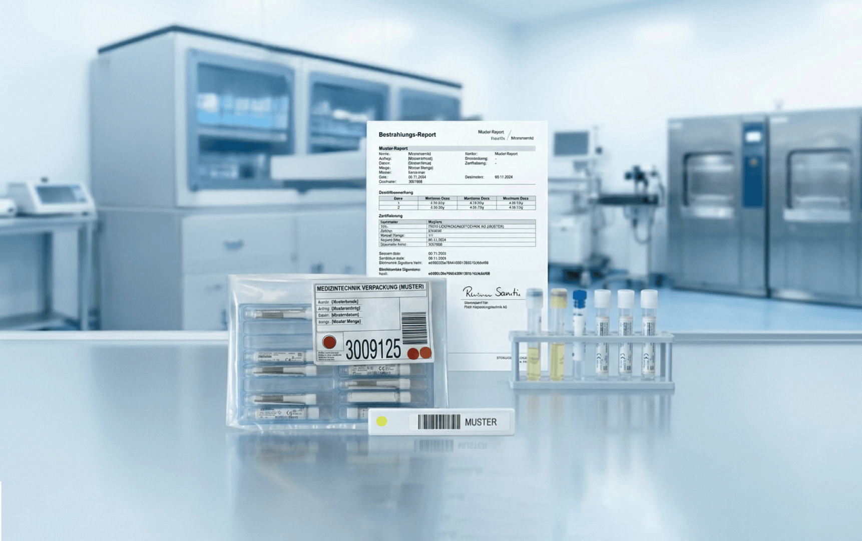 Eine Laborumgebung mit Fläschchen, Reagenzgläsern, einem beschrifteten Probenbeutel und einem gedruckten Bericht auf einem Tresen; im Hintergrund sind unscharfe Laborgeräte und Maschinen zu sehen.