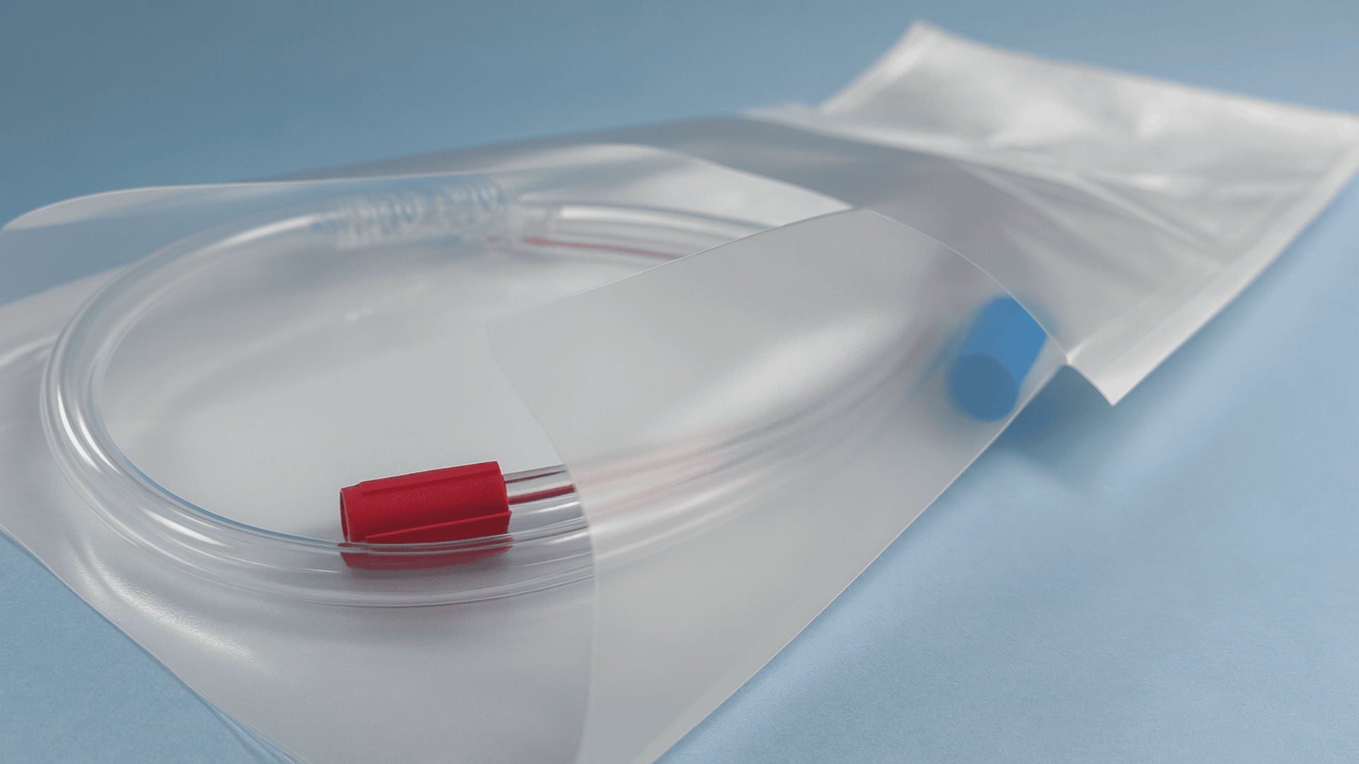 A medical tube with a red cap is partially wrapped in a transparent plastic bag, which is depicted on a light blue background.