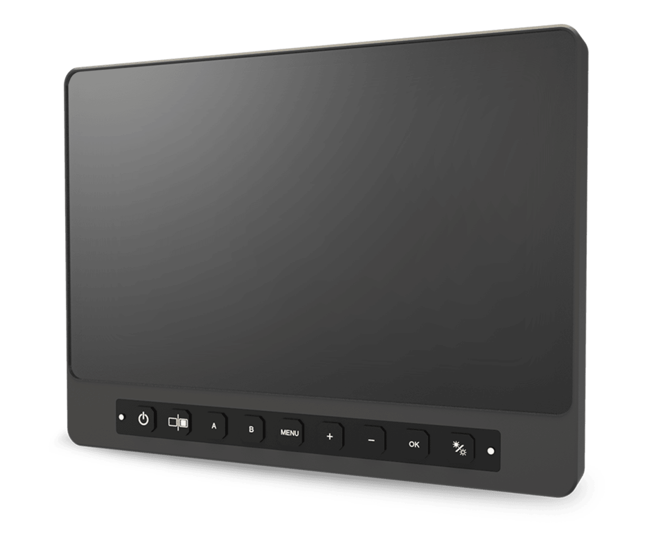 Ein schwarzes, rechteckiges elektronisches Gerät mit einem Bildschirm und Bedientasten an der Unterseite, darunter Tasten für Strom, Eingabe, Lautstärke, Menü und andere Funktionen, vor einem schlichten weißen Hintergrund.