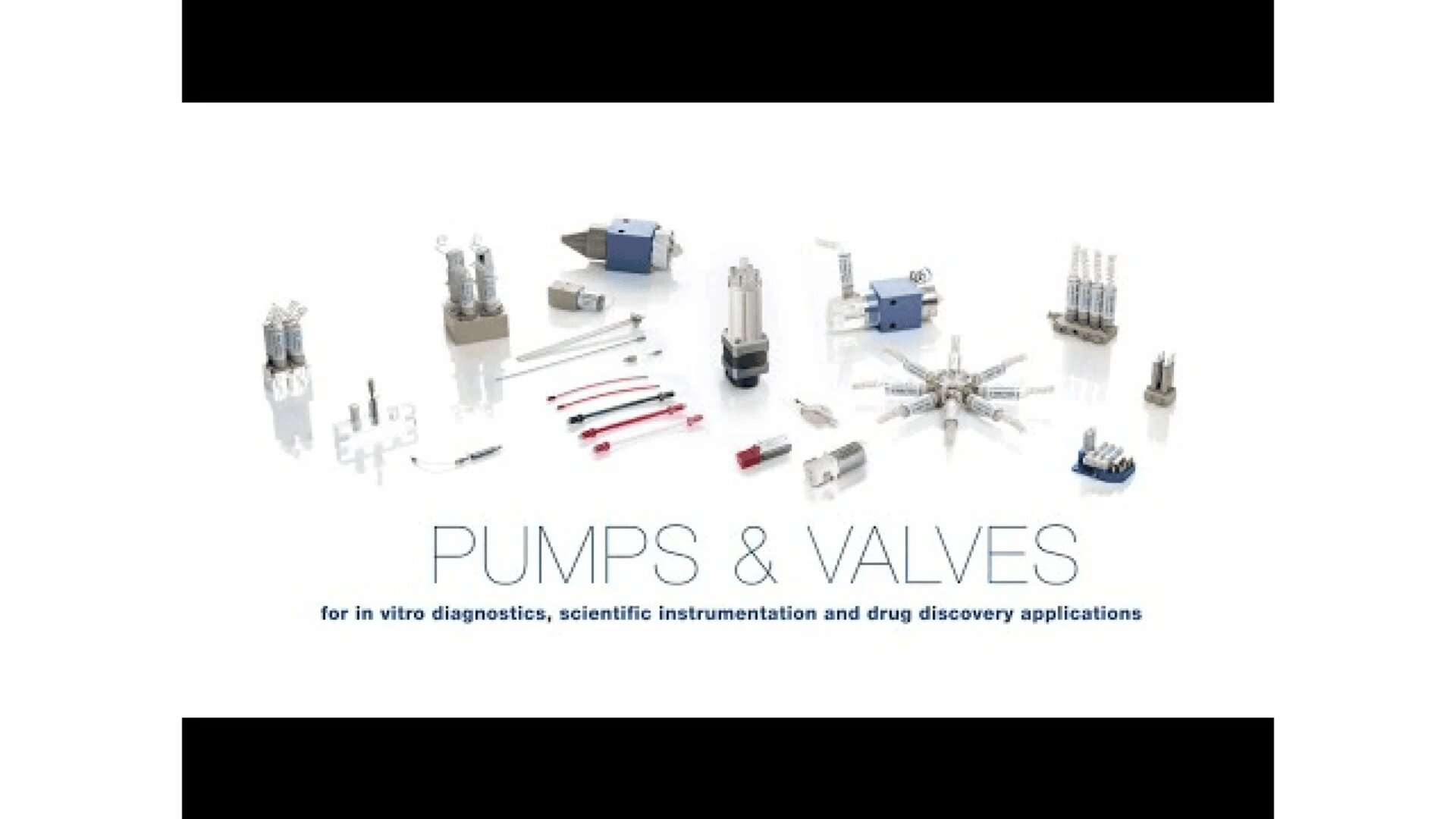 A variety of pumps and valves are displayed on a white background, arranged above the text PUMPS & VALVES for in vitro diagnostics, scientific instrumentation and drug discovery applications.
