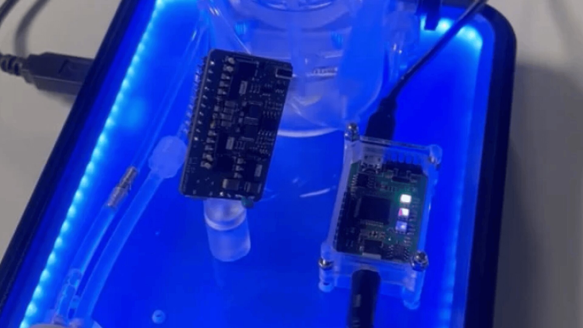 Zwei elektronische Leiterplatten sind durch Drähte verbunden und auf einer leuchtend blauen Oberfläche platziert, mit durchscheinenden Röhren und einem durchsichtigen Plastikbehälter im Hintergrund.