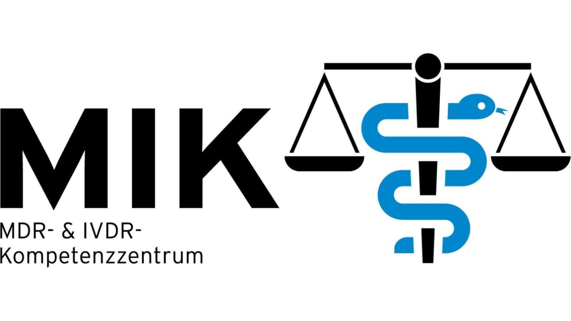 Logo with bold letters MIK and text MDR- & IVDR-Kompetenzzentrum. To the right, a blue caduceus with a snake is entwined around a staff forming part of a black balance scale.