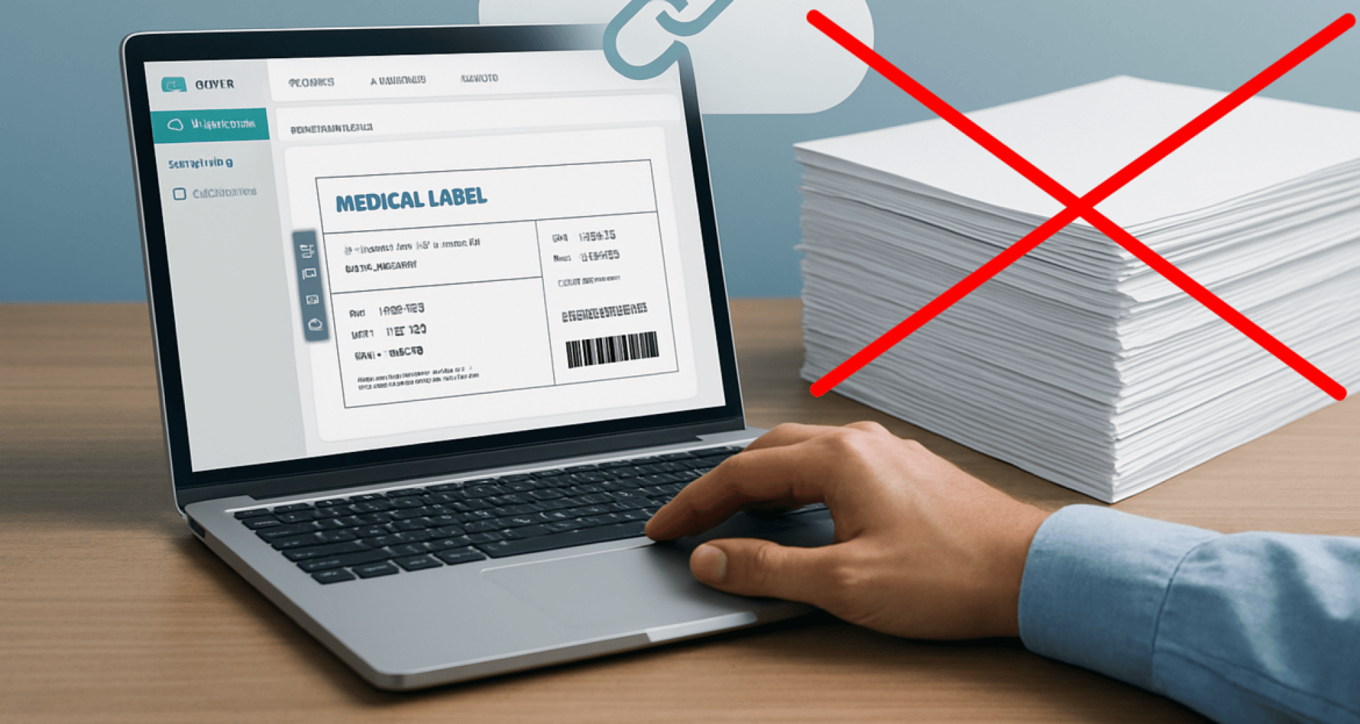 A person uses a laptop displaying a digital medical label, while a large stack of paper with a red X over it sits on the desk, illustrating a move from paper to digital processes.