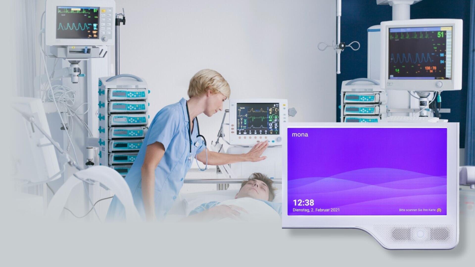A healthcare professional checks on a patient lying in a hospital bed, surrounded by medical monitors and equipment, with a digital screen displaying the time and date in the foreground.