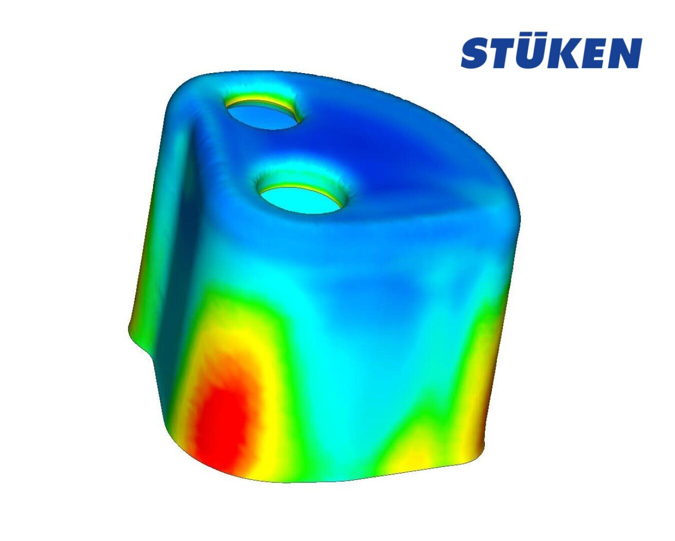 A 3D simulation of a metal part with two holes, showing the stress distribution in a color gradient from blue to red; the STÜKEN logo appears in the upper right corner.