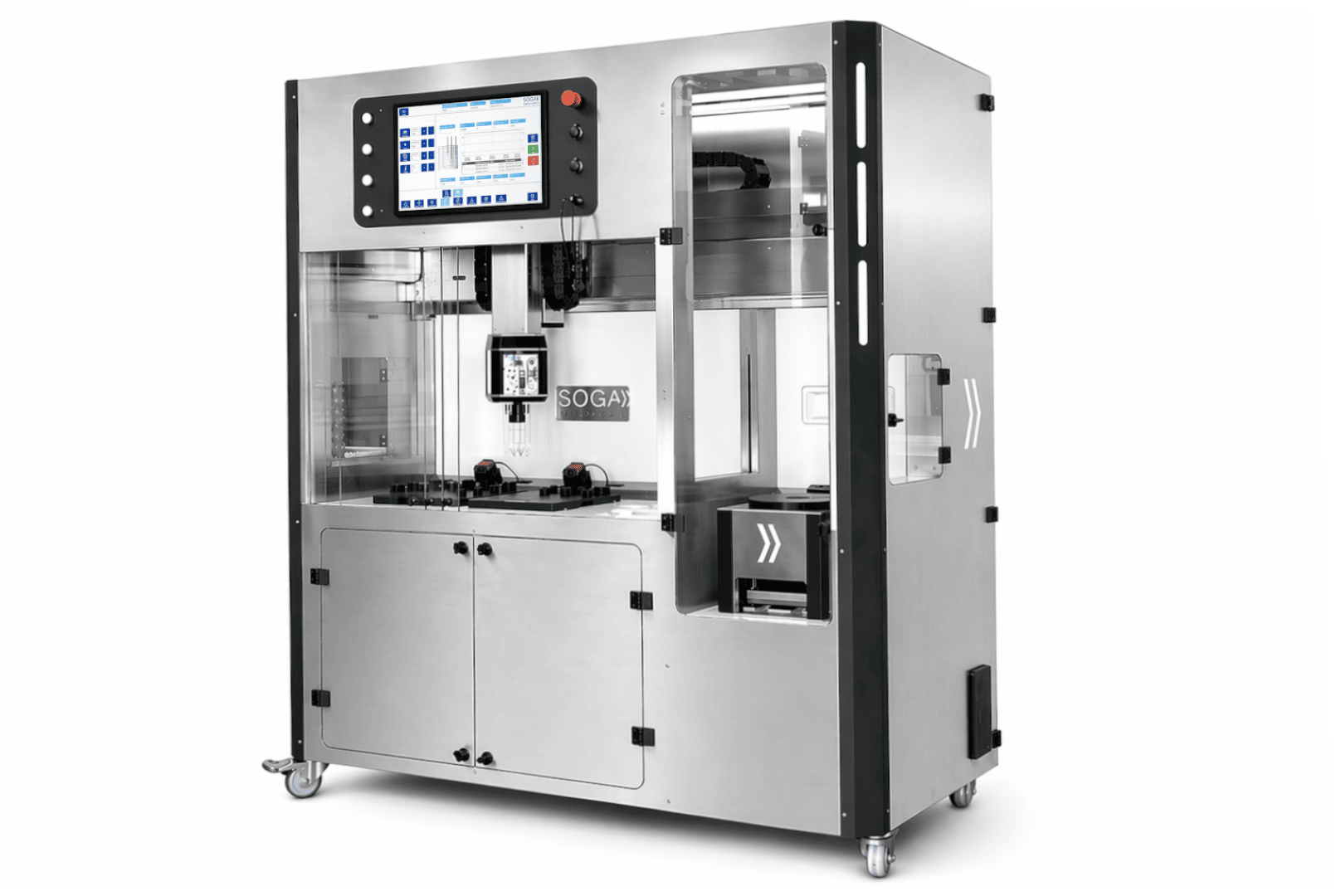 Eine große Industriemaschine mit einem Touchscreen-Bedienfeld, Metallgehäuse, Glastüren und mechanischen Komponenten im Inneren, die auf Rädern steht. Der Markenname SOGA ist im Inneren der Maschine sichtbar.