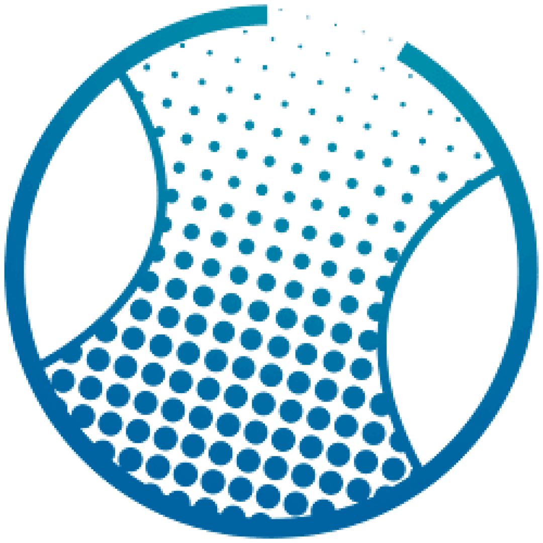 Eine kreisförmige blaue Form mit zwei gebogenen weißen Ausschnitten und einem Muster aus dunkelblauen Punkten, die von der Mitte nach außen hin größer werden und einen Farbverlaufseffekt erzeugen.