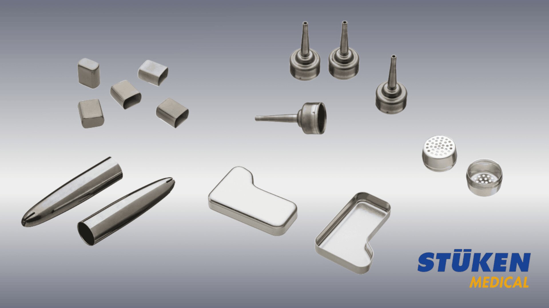 A variety of small, silver metallic medical components are displayed on a gradient gray background. In the bottom right corner, the STÜKEN Medical logo appears in blue and yellow.