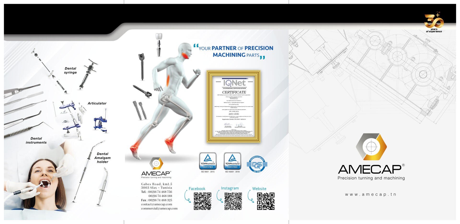 A brochure for AMECAP shows dental instruments, a certificate, a running anatomical figure with implants, company logo, contact details, QR codes, and social media icons, with technical drawings in the background.