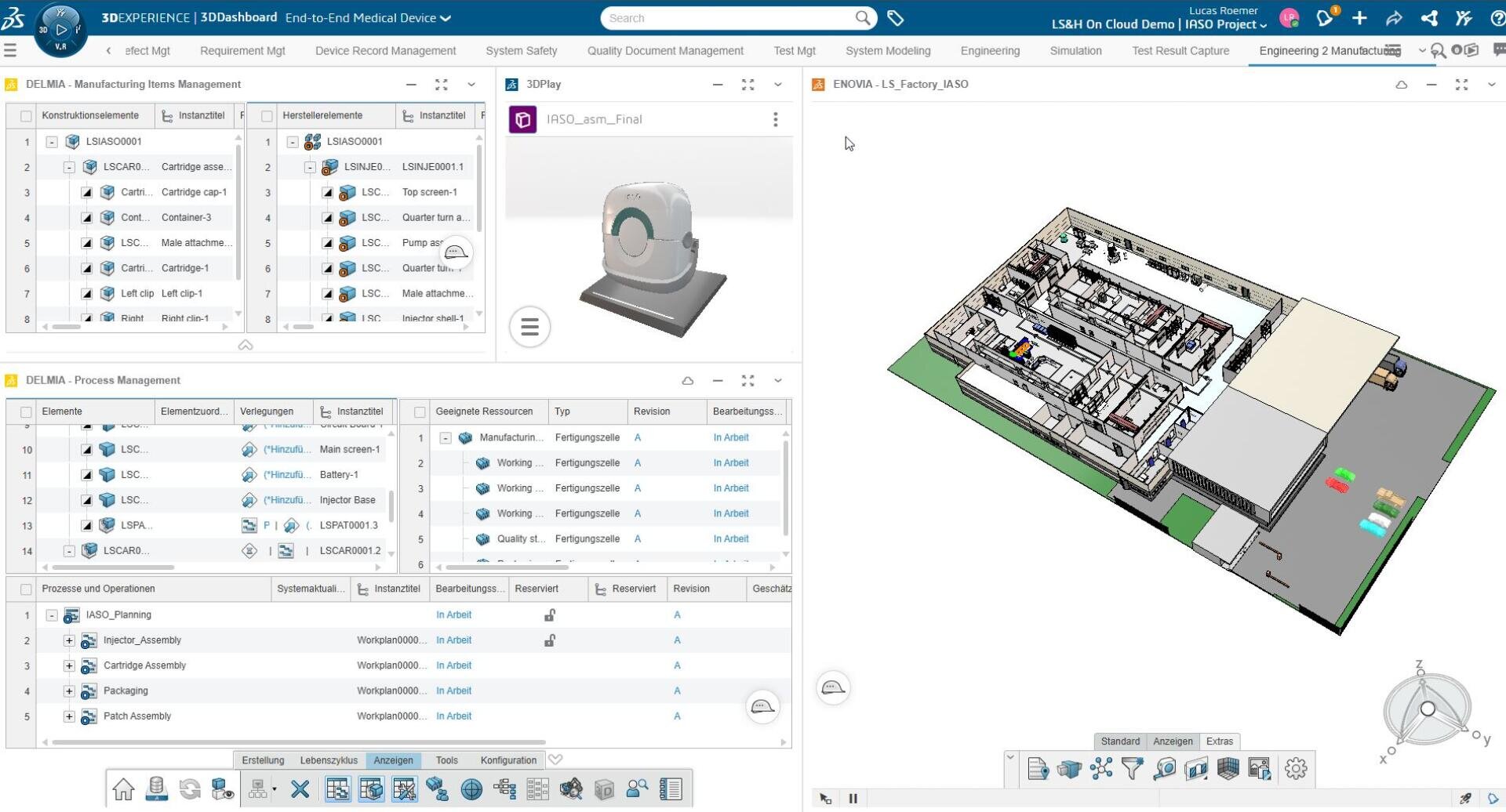 Auf einem Computerbildschirm wird die Dassault Systèmes 3DEXPERIENCE Software mit einem 3D-Modell eines medizinischen Geräts und einem detaillierten Gebäudegrundriss angezeigt. Verschiedene Panels zeigen Stücklisten, Eigenschaften und Modellvorschauen.