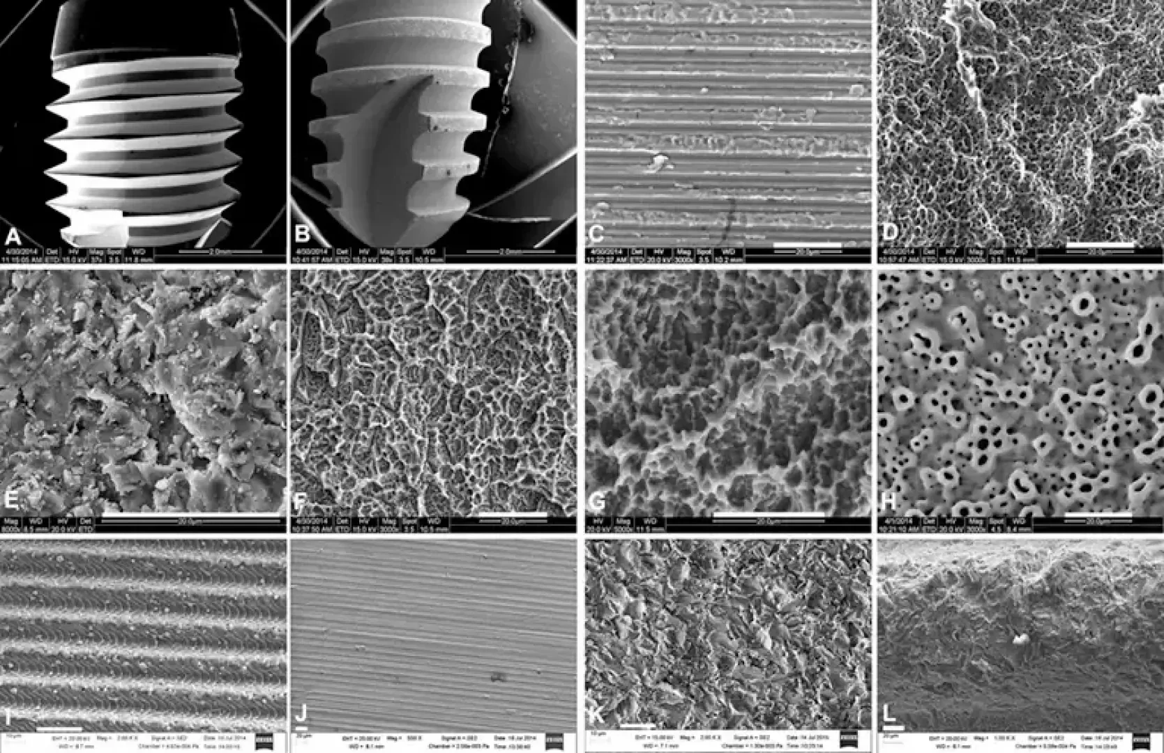 A grid of twelve scanning electron microscope close-ups shows different surface textures and patterns on various materials, including grooves, pores, and rough or smooth microstructures. Each image highlights different surface details.