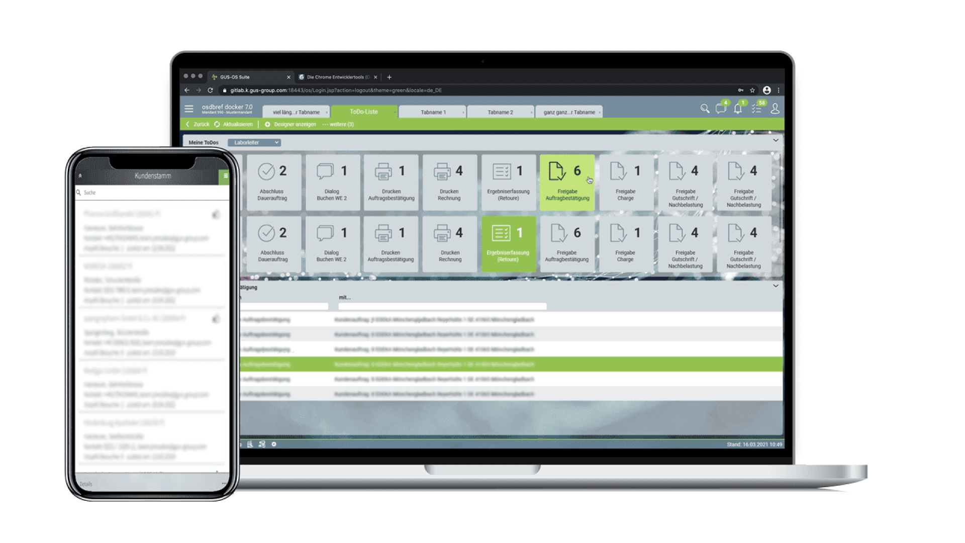 A smartphone and a laptop display a business software interface with various icons, menus, and a highlighted section. Both screens show similar content, indicating synchronized or compatible software on both devices.