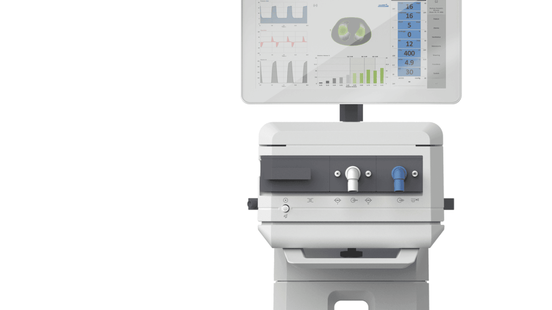 A modern medical device with a digital display screen showing charts, graphs, and a 3D image, mounted above a white control panel with various buttons and knobs.