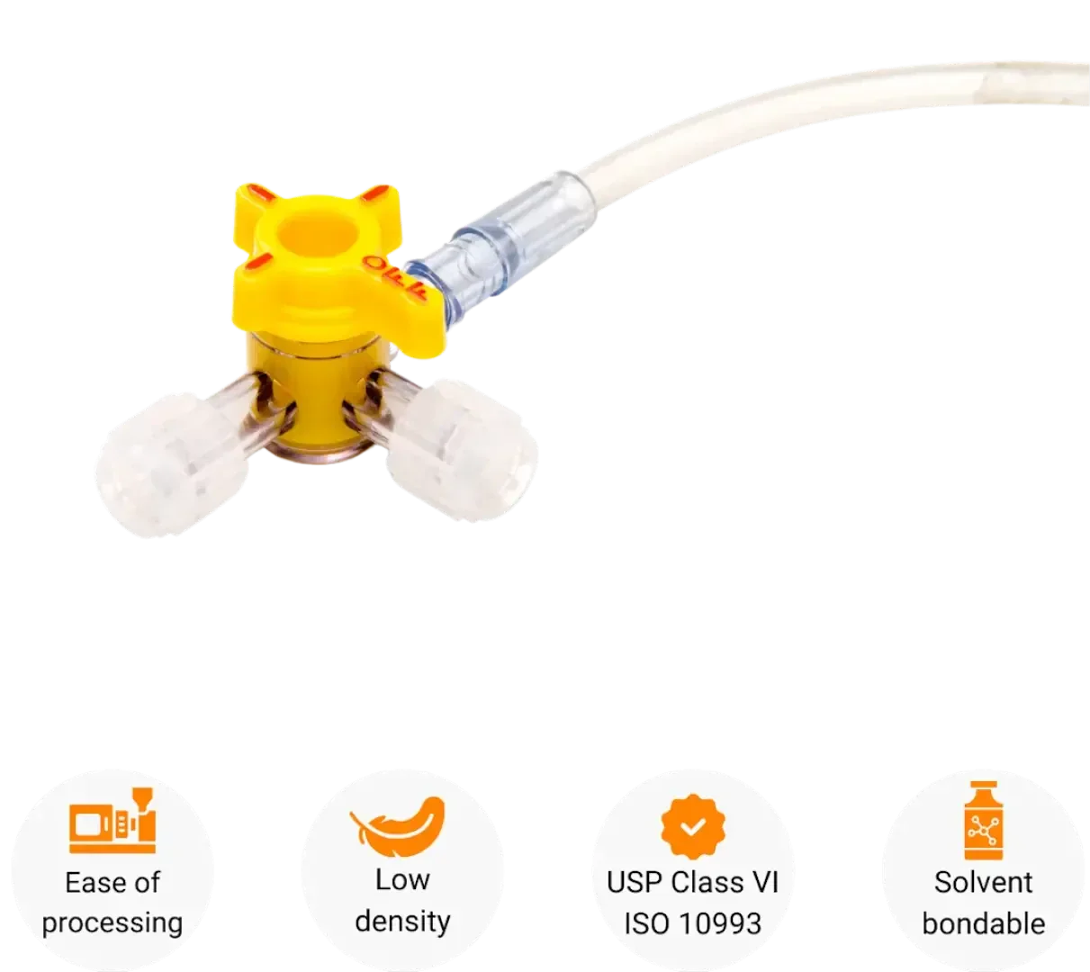 A yellow medical plastic connector with two transparent ports and a connected tube, shown above four symbols highlighting ease of processing, low density, USP Class VI ISO 10993 rating, and solvent bondability.