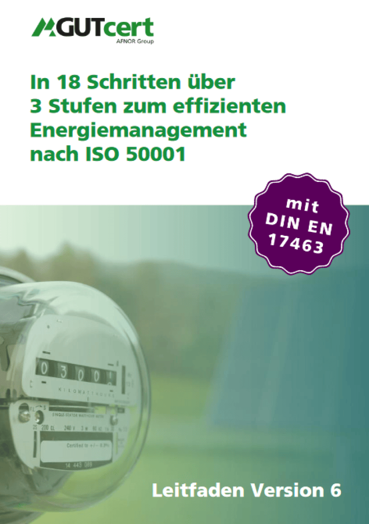 Cover page of a guidebook titled In 18 Schritten über 3 Stufen zum effizienten Energiemanagement nach ISO 50001, featuring a close-up of an electricity meter, green graphic elements, and certification badges.