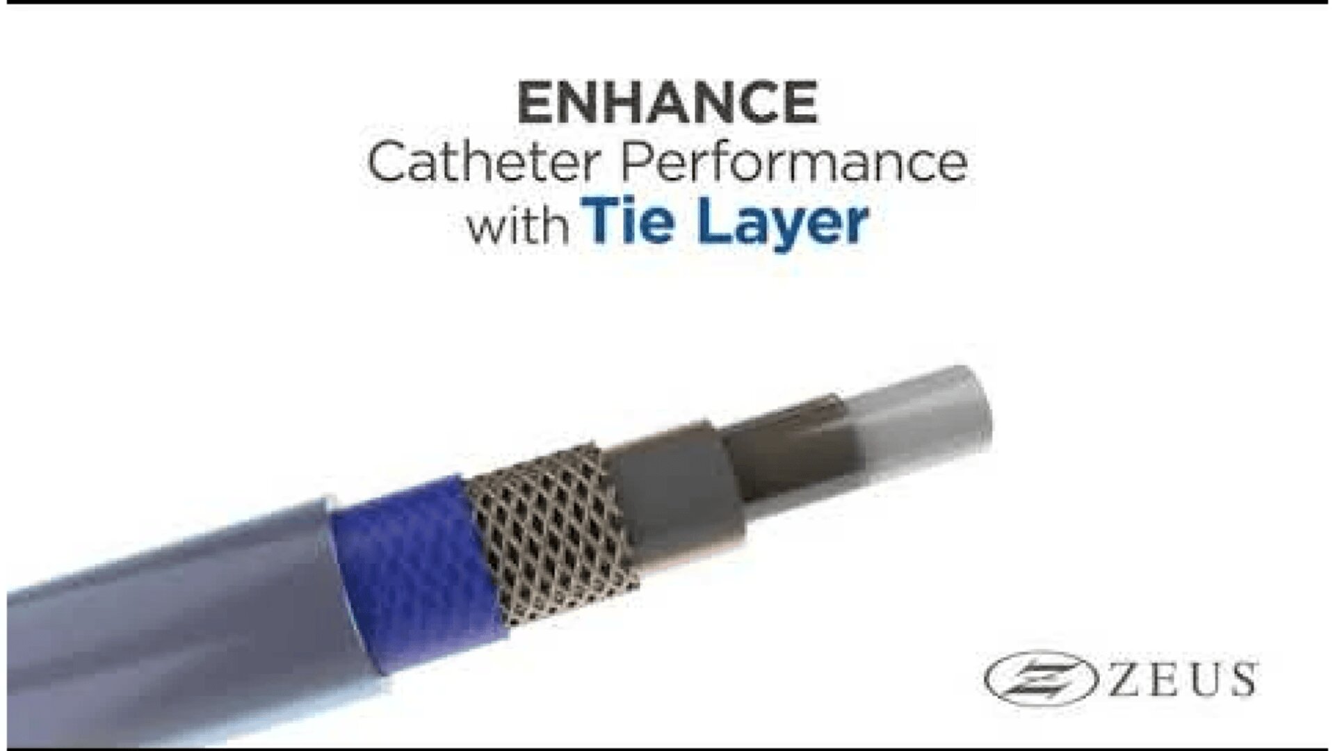 Close-up of a catheter with labeled layers, featuring text Enhance Catheter Performance with Tie Layer and the Zeus company logo in the bottom right corner.