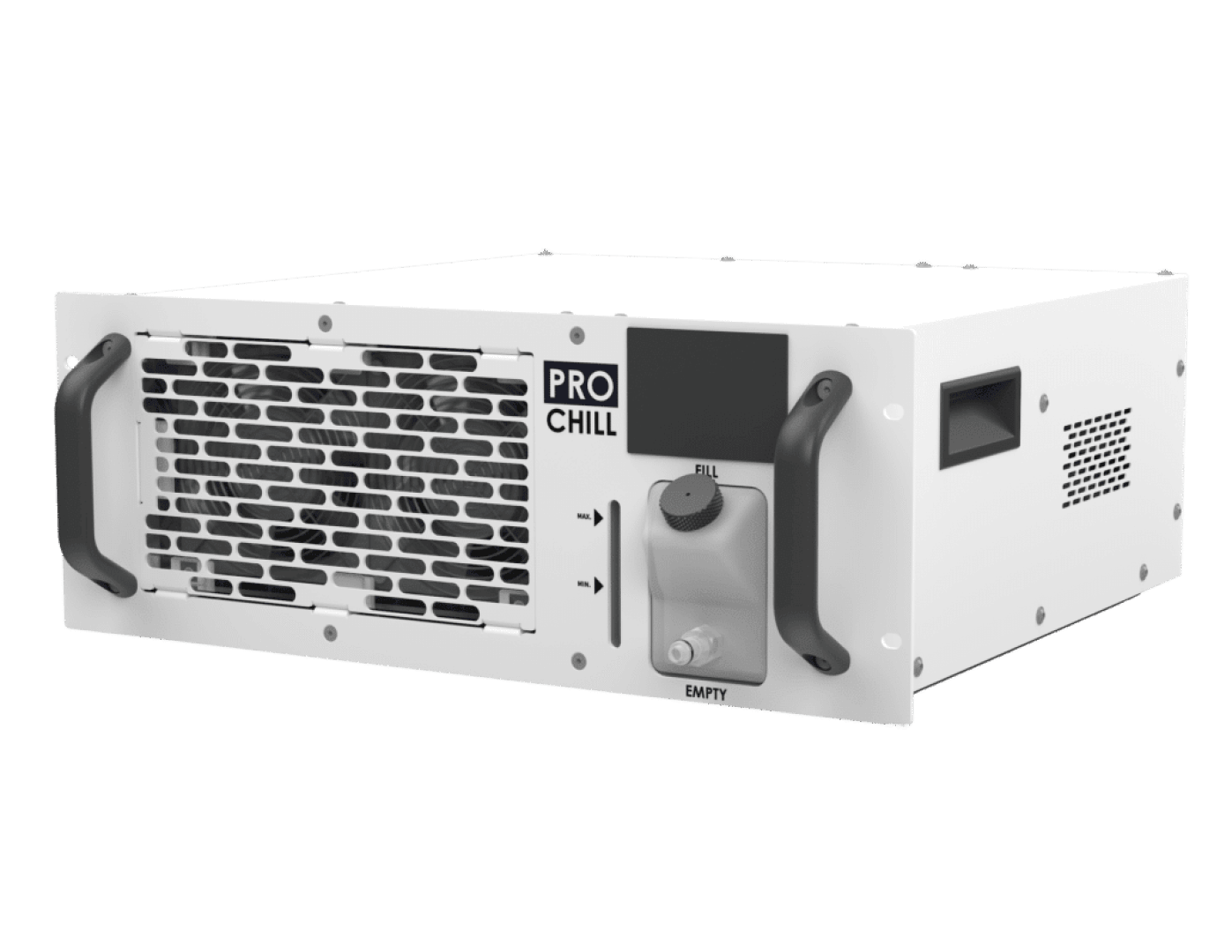 A white rectangular device labeled PRO CHILL with black side handles, a front grille, a fill knob, an empty indicator, and ventilation grilles on the side. The unit appears industrial and robust.