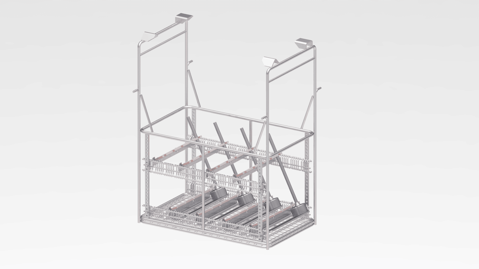 3D-gerendertes Metallregal mit abgewinkelten Regalen und aufrechten Stützen, wahrscheinlich zur Lagerung langer Gegenstände wie Rohre oder Stangen verwendet; die Struktur umfasst horizontale und diagonale Stangen zur Stabilität.