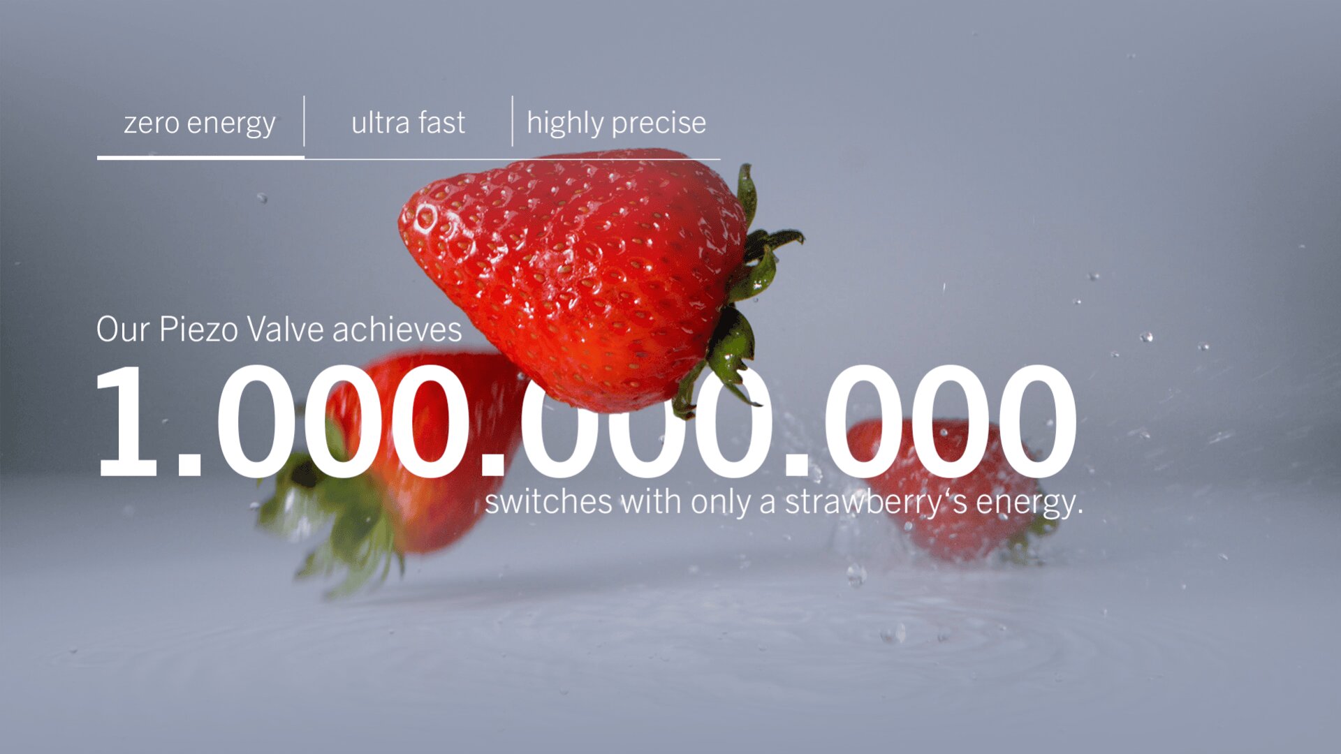 Three strawberries splash into water, with text stating: zero energy, ultra fast, highly precise. Our Piezo Valve achieves 1,000,000,000 switches with only a strawberry’s energy.