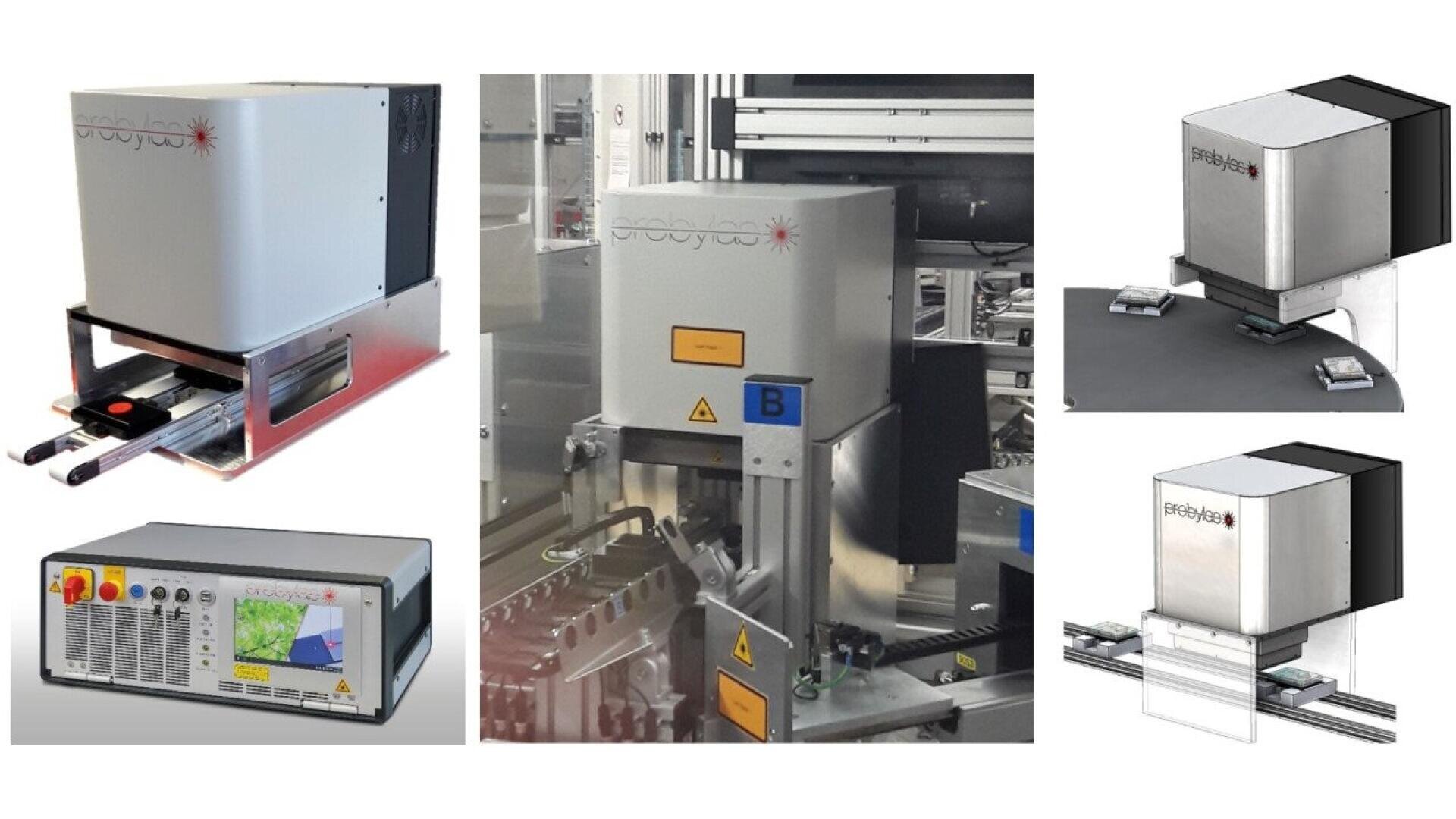 Four views of industrial laser marking machines, showing enclosed laser heads and control units mounted over conveyor belts, designed for precision marking or engraving on materials in automated production lines.