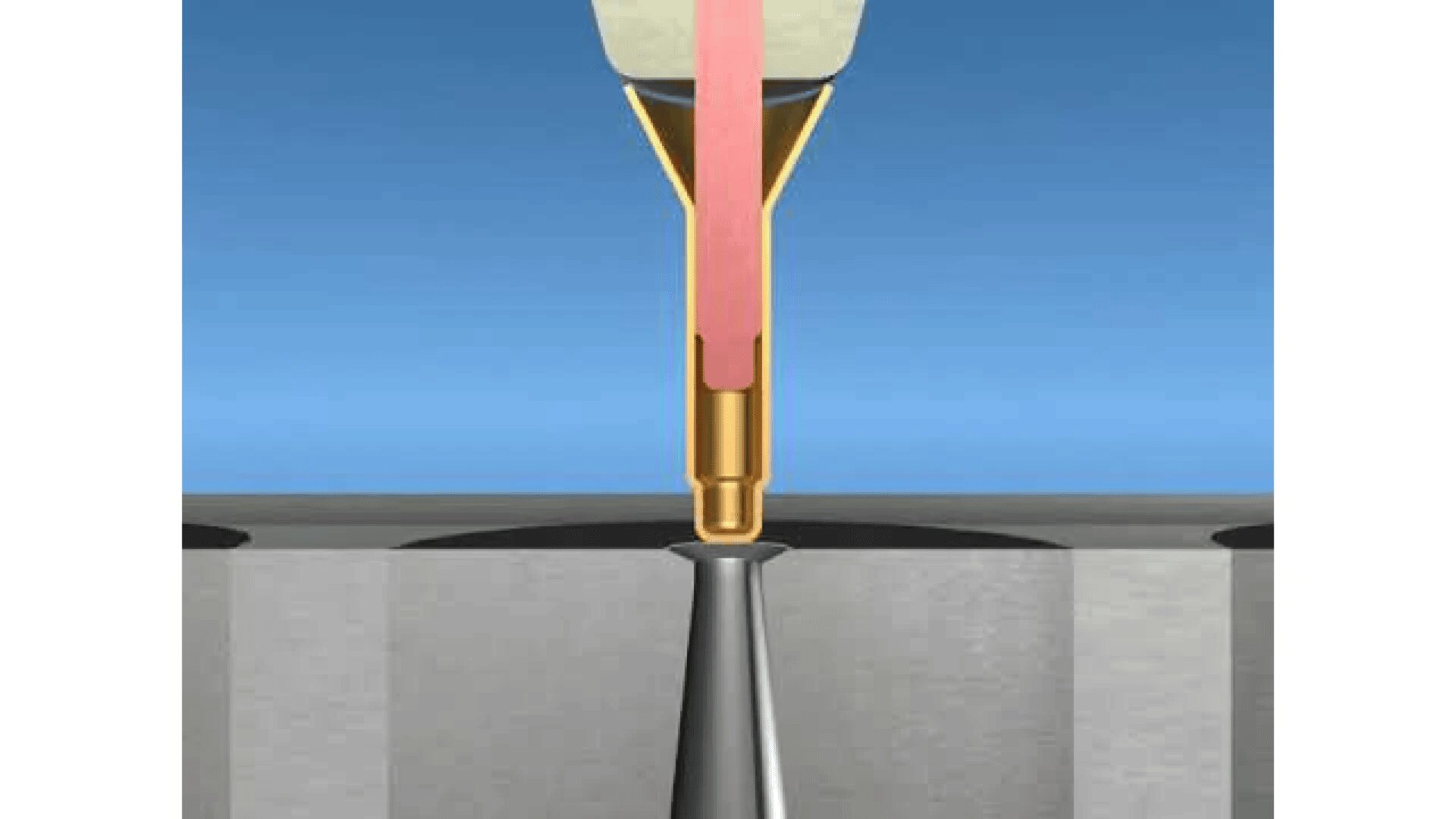 Computer-generated cross-section diagram showing molten metal being poured from a ladle through a funnel-shaped channel into a mold cavity below, illustrating a casting process against a blue background.