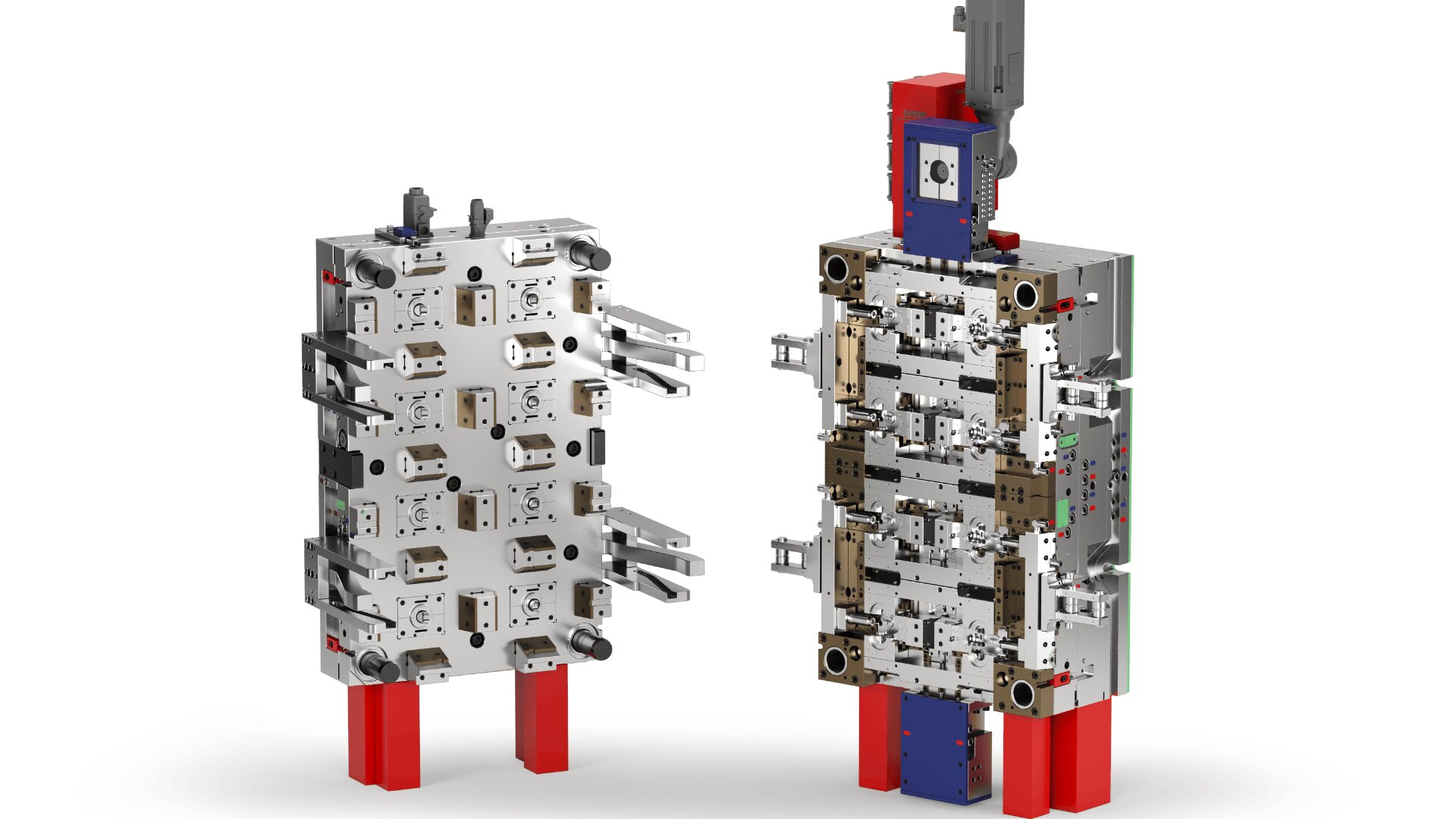 Zwei Abschnitte einer komplexen Metallspritzgussform mit mehreren Hohlräumen, Präzisionskomponenten und verschiedenen mechanischen Beschlägen werden aufrecht dargestellt, mit roten Stützen an der Basis jedes Abschnitts.